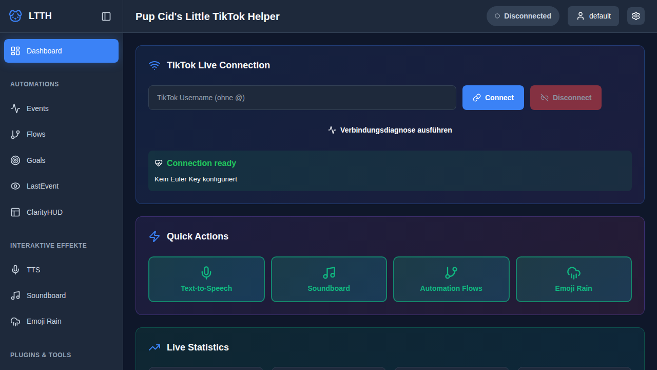 Haupt-Dashboard mit Live-Statistiken, TikTok-Verbindung und Quick Actions