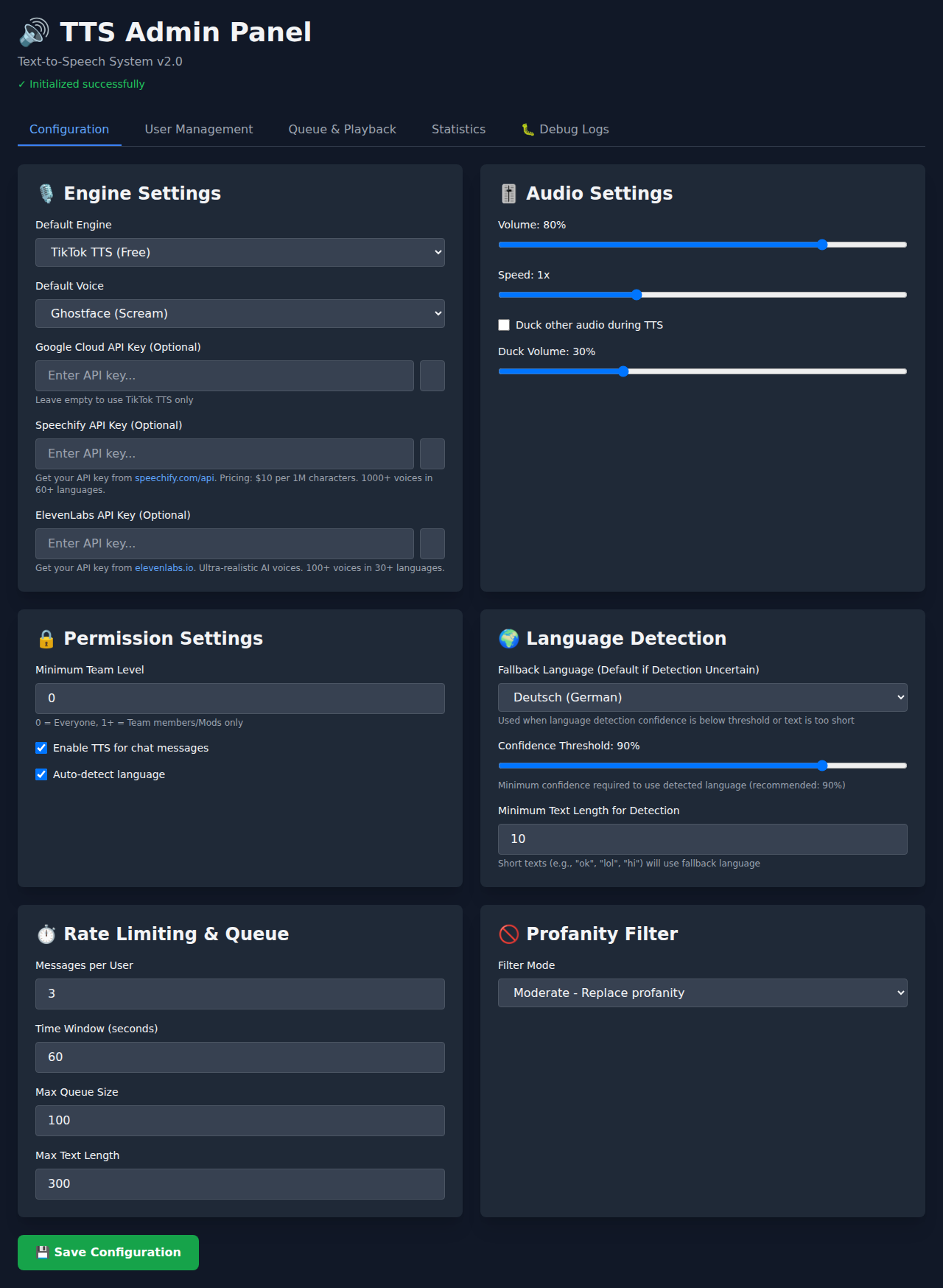 TTS-Admin mit 75+ Stimmen und erweiterten Einstellungen