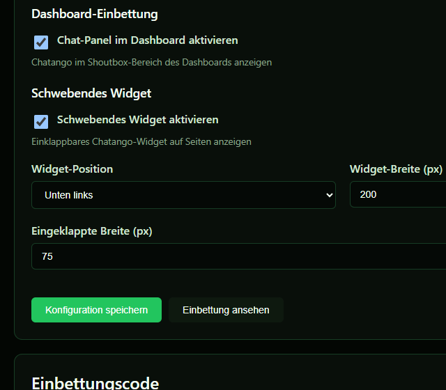 Widget Position im Testprofil konfigurieren - Raumname, Widget-Position und Chat-Thema
