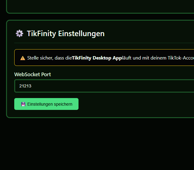 Lokalen TikFinity-Port speichern und Rueckmeldung pruefen - Datenquelle, Feldzuordnung und Aktualisierungsintervall