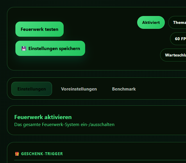 Isolierte Fireworks-Einstellungen speichern - Effektprofil, Auslöser und Audio-Lautstärke