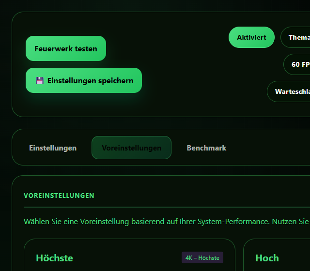Lokales Test-Feuerwerk ausloesen - Effektprofil, Auslöser und Audio-Lautstärke