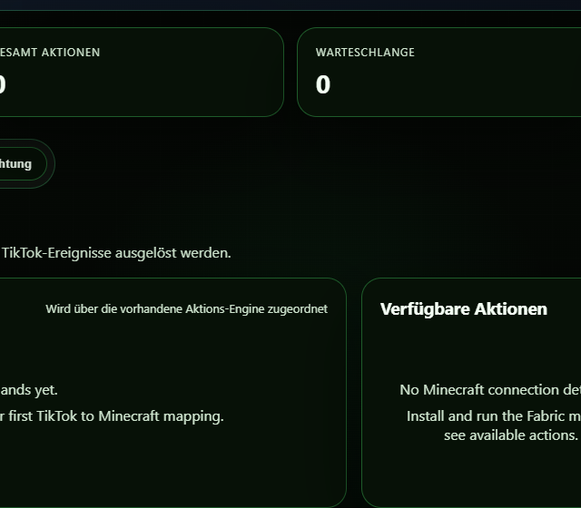 Minecraft Card im Testprofil konfigurieren - Serveradresse, Ereignisbindung und Nachrichtenformat