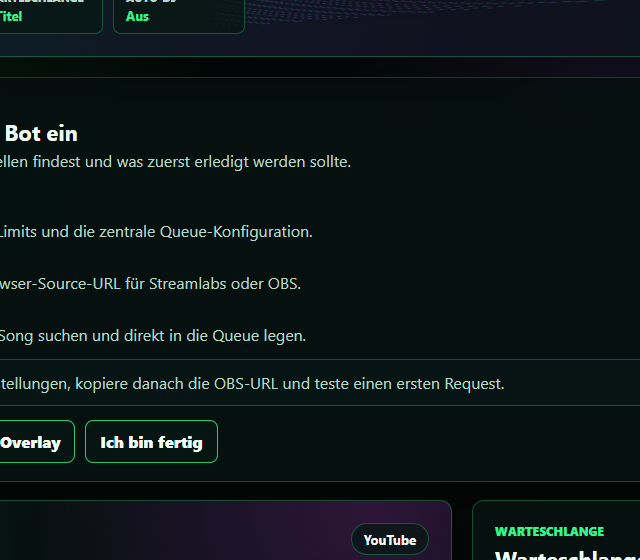 Music Card im Testprofil konfigurieren - MPV-Pfad, Anfragequeue und Moderationsregel