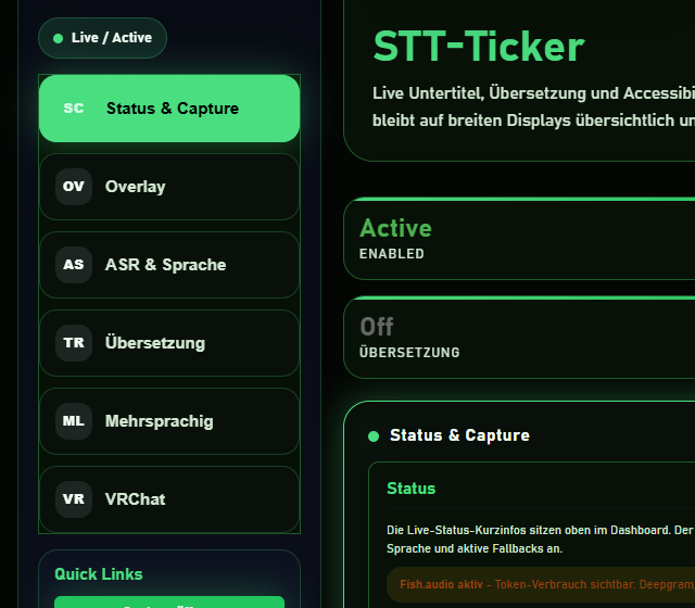 Ticker Card im Testprofil konfigurieren - Sprache, Untertitelmodus und Textstil