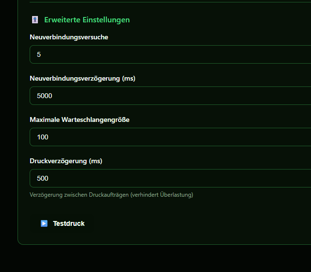 Queue Test lokal testen - Druckerprofil, Zeichensatz und Warteschlange