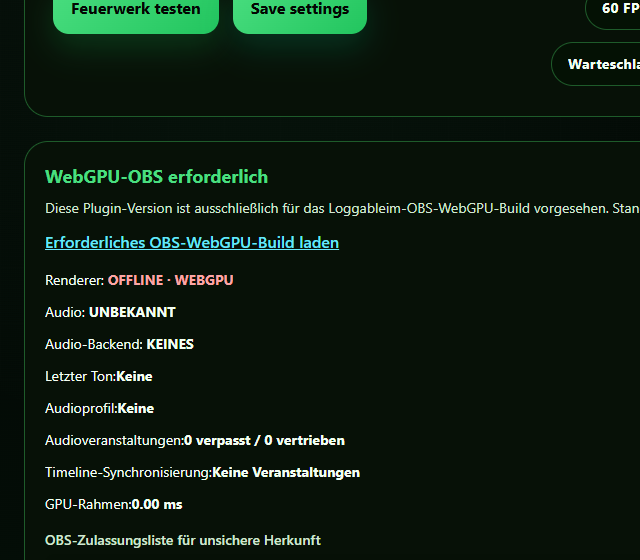 GPU Fireworks Card im Testprofil konfigurieren - WebGPU-Qualität, Auslöser und Performance-Grenze